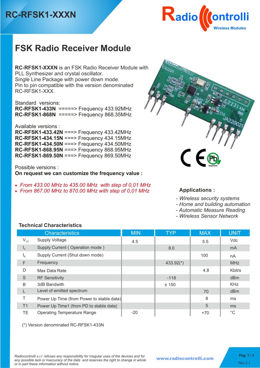 RC-RFSK1-XXXN - Radiocontrolli S.R.L.