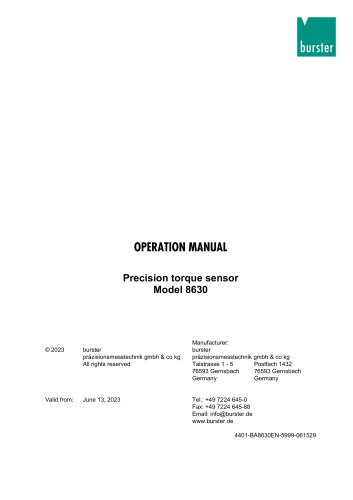 OPERATION MANUAL Precision torque sensor Model 8630