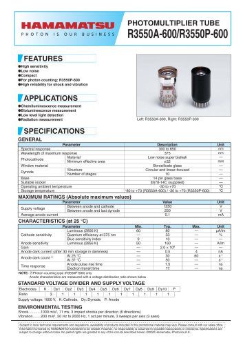 PHOTOMULTIPLIER TUBE R3550A-600/R3550P-600