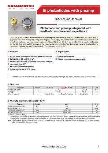 Si photodiodes with preamp S8745-1/-06, S8746-01