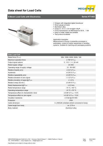 Data sheet S-beam force sensor KT1403