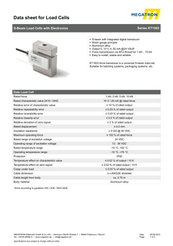 Data sheet S-Beam force sensor KT1503