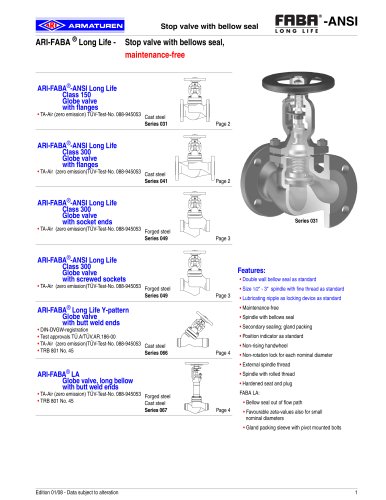 Free of maintenance stop valve with bellow seal - metallic sealing (ANSI-units)