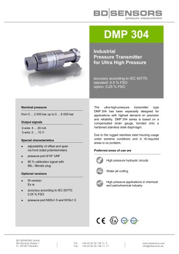 data sheet pressure transmitter DMP 304