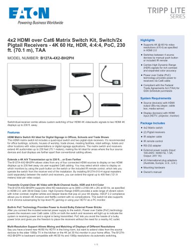 4x2 HDMI over Cat6 Matrix Switch Kit, Switch/2x Pigtail Receivers - 4K 60 Hz, HDR, 4:4:4, PoC, 230 ft. (70.1 m), TAA MODEL NUMBER: B127A-4X2-BH2PH
