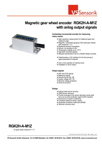 Magnetic gear wheel encoder RGK2H-A-M1Z with anlog output signals