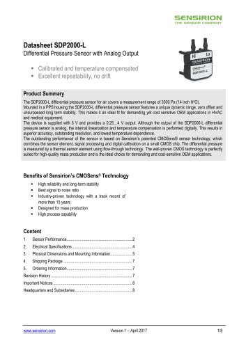 SDP2000-L Differential Pressure Sensor with Analog Output