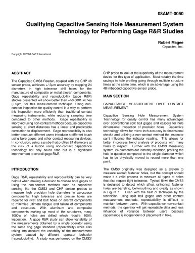 Qualifying Capacitive Sensing Hole Measurement System Technology for Performing Gage R&R Studies