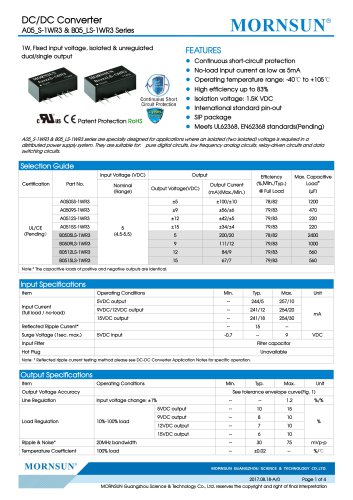 A05_S-1WR3 & B05_LS-1WR3 Series--1W, Fixed input voltage, isolated & unregulated dual/single output