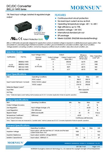 IB05_LS-1WR3 Series--1W, Fixed input voltage, isolated & regulated single output