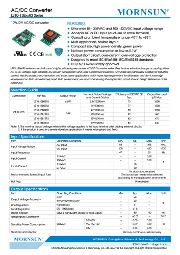 MORNSUN 10W SIP AC/DC Converter LS10-13BxxR3