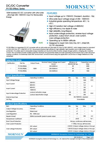 MORNSUN 150W  250 -1500VDC input DC-DC converter PV150-29BxxL