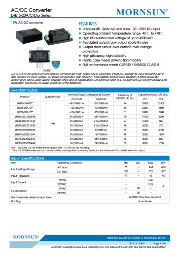 MORNSUN 15W 85-264VAC input dual outputs AC/DC Converter LHE15-20Axx