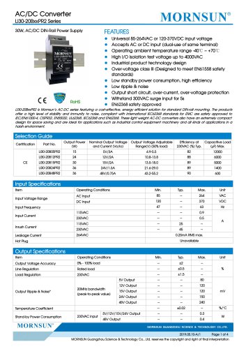 MORNSUN 30watt 85-264VAC input AC DC power supply / converter / DIN-Rail / LI30-20BxxPR2