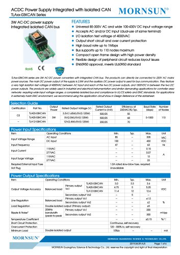 MORNSUN 3W AC-DC power supply Integrated isolated CAN bus-TLAxx-03KCAN