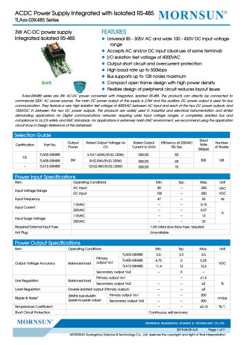 MORNSUN 3W AC-DC power supply Integrated isolated RS485-TLAxx-03K485