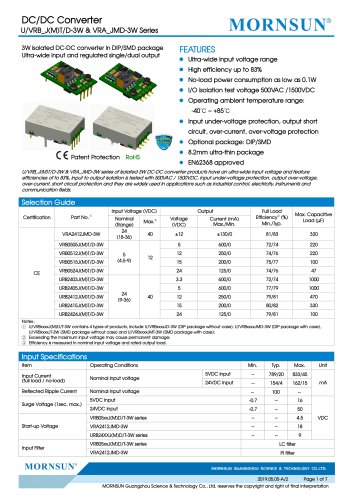 MORNSUN 3W Ultra-thin Isolated Output DC/DC Converters URB_J(M)T/D-3W