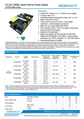 MORNSUN 550W AC/DC Enclosed Switching Power Supply LOF550-20Bxx