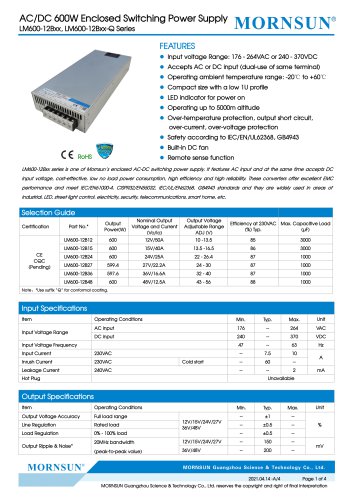 MORNSUN 600W AC/DC Enclosed SMPS LM600-12Bxx