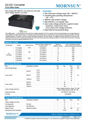 PVxx-29Bxx / 15:2 / 200~1500Vdc input / dc dc converter / photovoltaic power / 10, 15, 40 watt