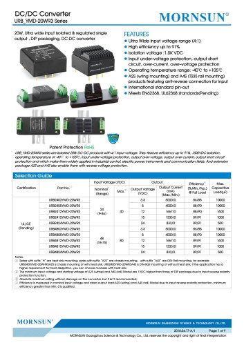 URB_YMD-20WR3 series are isolated 20W DC-DC products with 4:1 input voltage.