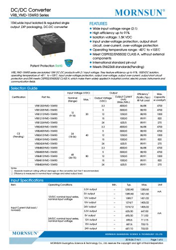 VRB_YMD-15WR3 series are isolated 15W DC-DC products with 2:1 input voltage