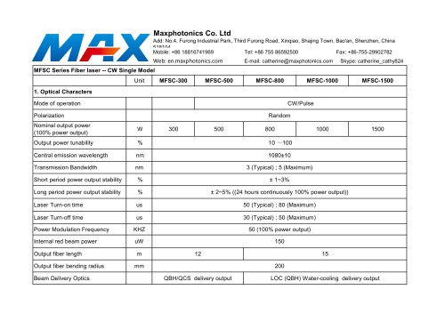 CW 300W~1500W Fiber Laser Source for Metal Cutting