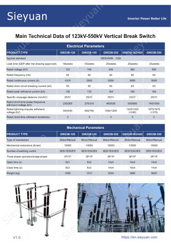 Main Technical Data of 123kV-550kV Vertical Break Switch