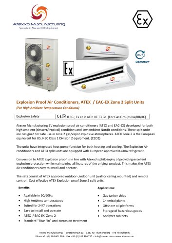 Explosion Proof Air Conditioners, ATEX / EAC-EX Zone 2 Split Units