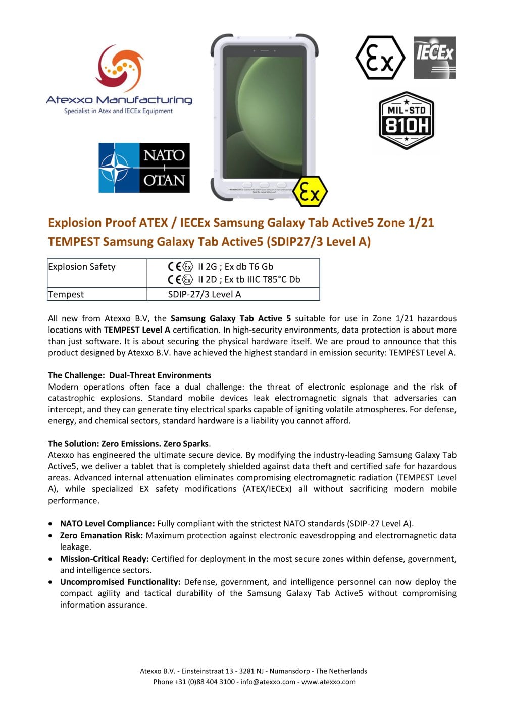  Product flyer NATO TEMPEST Samsung Galaxy Tab Active5 - Atexxo B.V.