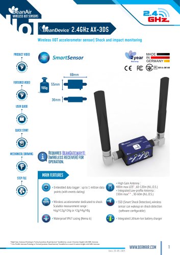 Datasheet BeanDevice 2.4GHz AX-3DS , wireless Shock sensor for Industrial IOT application