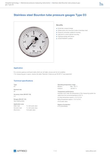 Stainless steel Bourdon tube pressure gauges Type D3