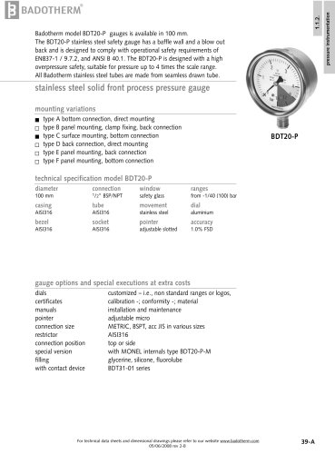 BDT20-P - Overpressure protected stainless steel solid front gauge