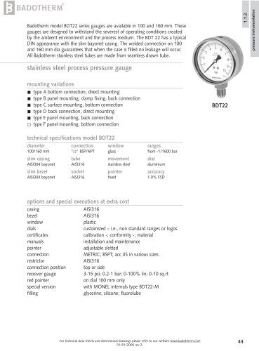 BDT22 - All stainless steel slim bezel pressure gauge