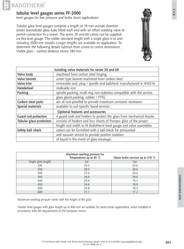 FF-2000 - tubular level gauge for low pressure boiler drums