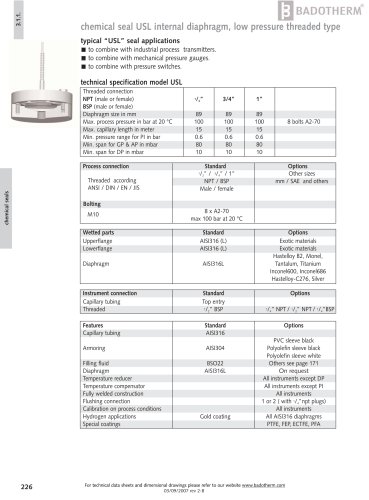 USL - Low pressure, internal diapragm chemical seal threaded type