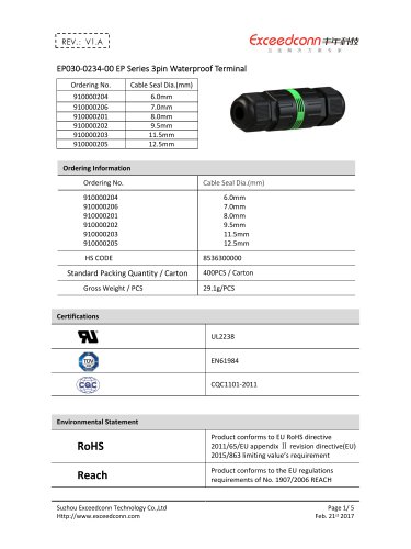 EP030-0234-00 EP Series 3pin Watreproof Terminal