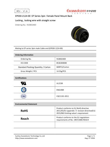 EP030-2124-00 EP Series 3pin Female Panel Mount--Back Locking