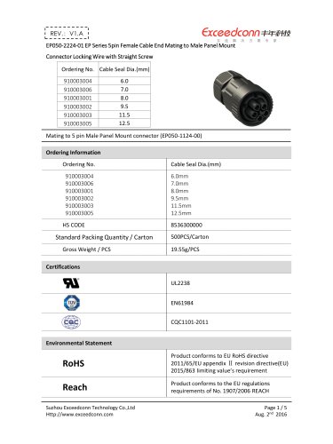 EP050-2224-01 EP Series 5pin Female Cable End Mating to Male Panel Mount Connector Locking Wire with Straight Screw