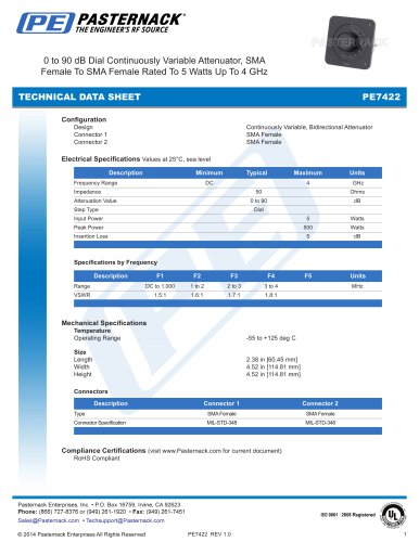 0 to 90 dB Dial Continuously Variable Attenuator, SMA  Female To SMA Female Rated To 5 Watts Up To 4 GHz