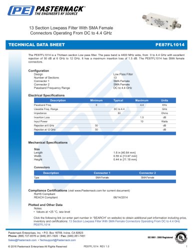 13 Section Lowpass Filter With SMA Female  Connectors Operating From DC to 4.4 GHz