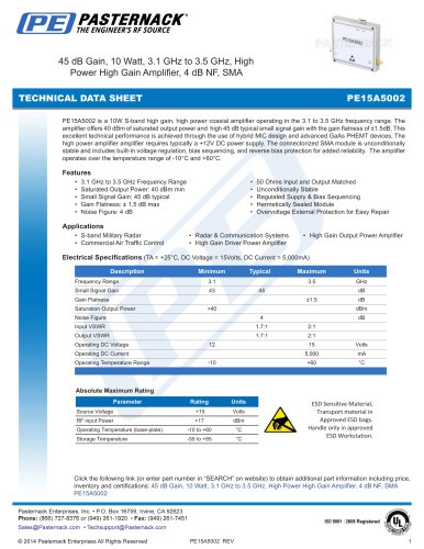 45 dB Gain, 10 Watt Psat, 3.1 GHz to 3.5 GHz, High Power High Gain Amplifier, 4 dB NF, SMA