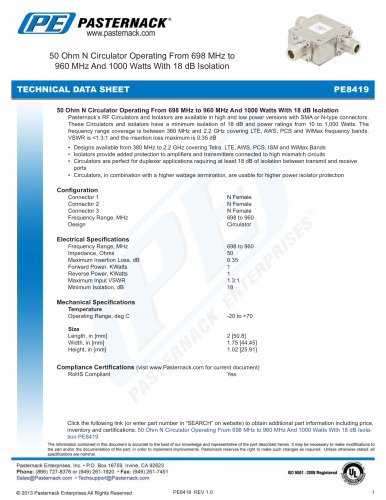 50 Ohm N Circulator Operating From 698 MHz to 960 MHz And 1000 Watts With 18 dB Isolation