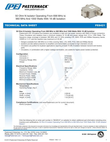 50 Ohm N Isolator Operating From 698 MHz to 960 MHz And 1000 Watts With 18 dB Isolation