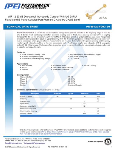 WR-12 20 dB Directional Waveguide Coupler With UG-387/U  Flange and E-Plane Coupled Port From 60 GHz to 90 GHz E Band