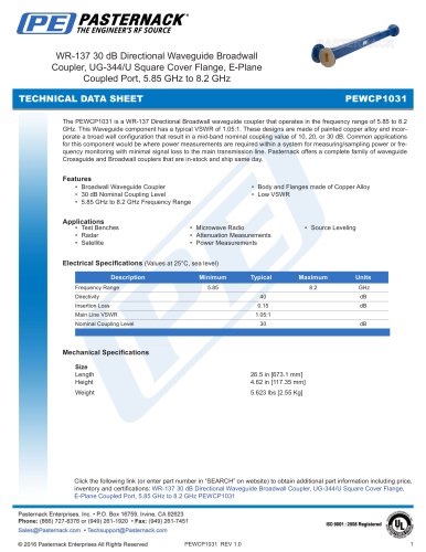 WR-137 30 dB Directional Waveguide Broadwall  Coupler, UG-344/U Square Cover Flange, E-Plane  Coupled Port, 5.85 GHz to 8.2 GHz