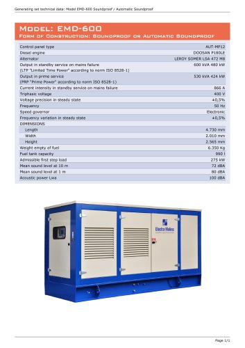 Model: EMD-600, Form of Construction: Soundproof or Automatic Soundproof