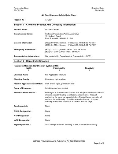 Air Tool Cleaner Safety Data Sheet