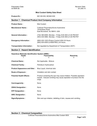 Mist Coolant Safety Data Sheet