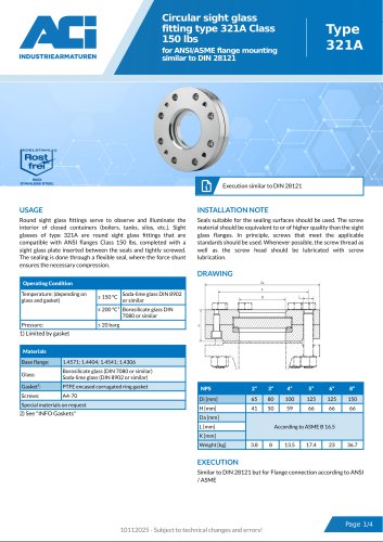 Circular sight glass fitting type 321A Class 150 lbs